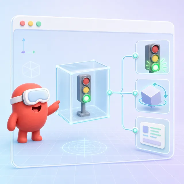 一幅吉祥物佩戴VR头显的插图，介绍了3D数据，总结了红绿灯的外观和运作。